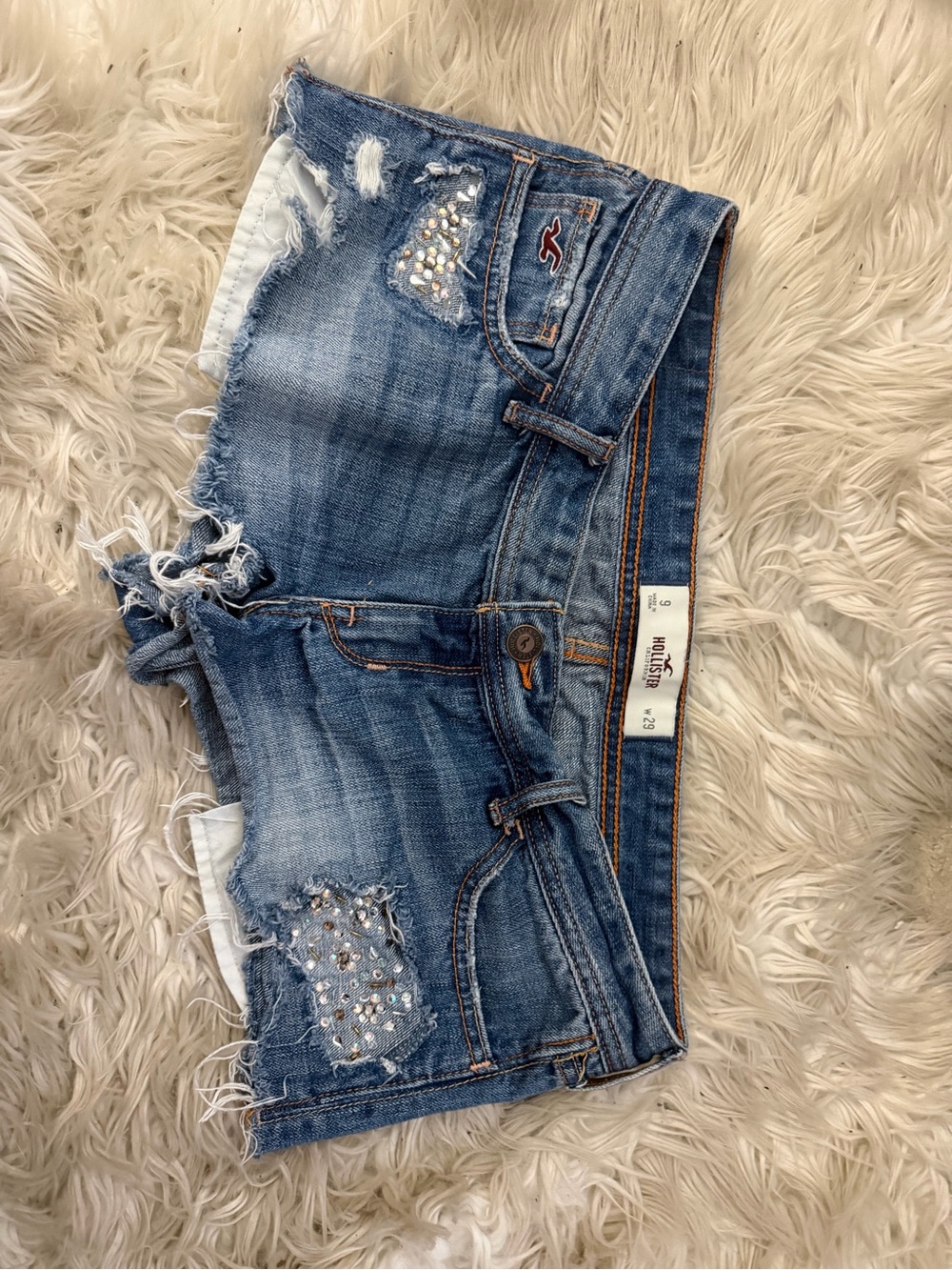 Y2K Hollister Women's Blue Distressed Denim Mini Shorts Embellished